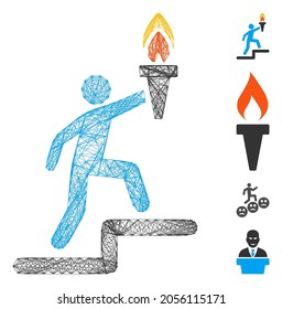 Vector network leader with torch. Geometric wire carcass 2D network generated with leader with torch icon, designed with crossed lines. Some bonus icons are added.