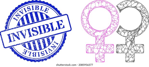 Vector network lesbian couple symbol frame, and Invisible blue round scratched stamp. Crossed frame net image created from lesbian couple symbol pictogram, created with intersected lines.