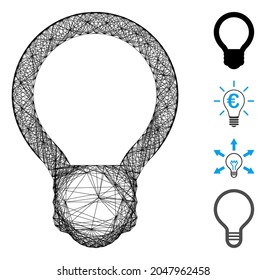 Vector network light bulb. Geometric linear carcass 2D network made from light bulb icon, designed from crossed lines. Some other icons are added.