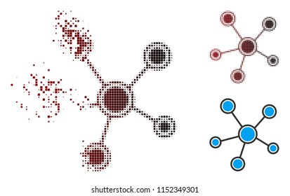 Vector network links icon in fractured, pixelated halftone and undamaged solid versions. Disintegration effect uses square particles and horizontal gradient from red to black.