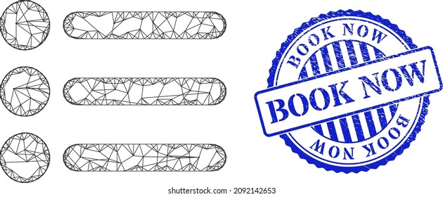 Vector network list items frame, and Book Now blue rosette corroded seal print. Crossed frame network symbol created from list items pictogram, is made from intersected lines.