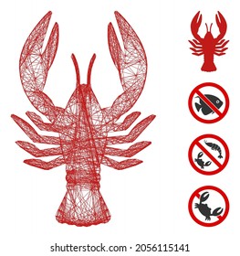 Vector network lobster. Geometric linear carcass 2D network generated with lobster icon, designed with crossed lines. Some bonus icons are added.