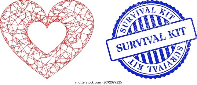Vector network love heart frame, and Survival Kit blue round rubber seal print. Crossed frame network symbol designed with love heart pictogram, is made with intersected lines.