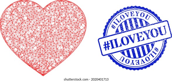 Vector network love heart wireframe, and hashtag Iloveyou blue rosette rubber seal imitation. Wire frame network symbol based on love heart pictogram, is made from crossing lines.