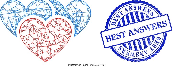Vector network love hearts carcass, and Best Answers blue round corroded stamp. Crossed carcass network symbol designed with love hearts pictogram, is made from intersected lines.