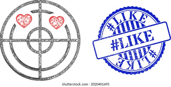 Vector network love hearts radar frame, and hashtag Like blue rosette rubber stamp seal. Crossed carcass network illustration designed with love hearts radar pictogram, is made from crossed lines.