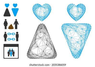 Vector network lovers. Geometric linear frame flat network made from lovers icon, designed from crossing lines. Some bonus icons are added.
