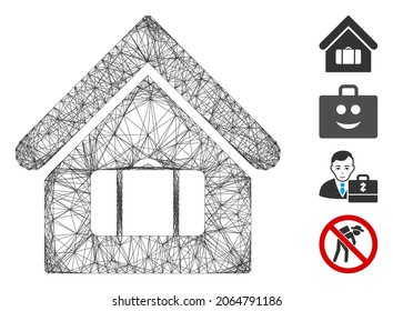 Vector network luggage room. Geometric wire frame 2D network generated with luggage room icon, designed with intersected lines. Some bonus icons are added.