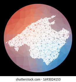 Vector network Majorca map. Map of the island with low poly background. Rounded Majorca illustration in technology, internet, network, telecommunication concept style . Classy vector illustration.