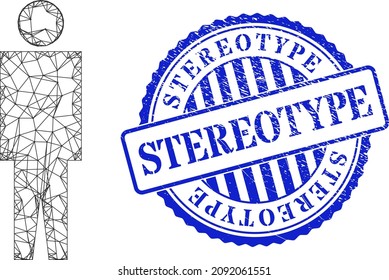 Vector Network Man Person Wireframe, And Stereotype Blue Rosette Corroded Seal Print. Linear Carcass Network Image Created From Man Person Icon, Generated From Crossed Lines.