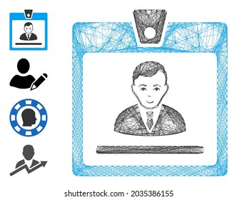 Vector network manager badge. Geometric linear frame 2D network made from manager badge icon, designed from intersected lines. Some bonus icons are added.