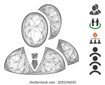 Vector network managers. Geometric hatched carcass flat network made from managers icon, designed from crossed lines. Some bonus icons are added.