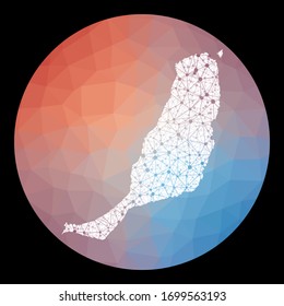Vector network map of Fuerteventura island with a low poly background, showcasing a technological and abstract design.