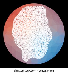 Vector network map of Gili Trawangan island with a low poly background, showcasing a technology and telecommunication concept style.