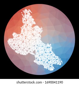 Vector network map of Krk island with a low poly background. Rounded Krk illustration in technology and network concept style. Neat vector illustration.