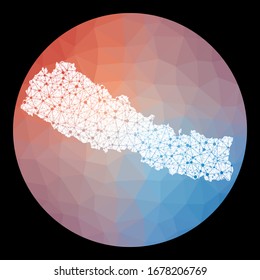 Vector network map of Nepal with a low poly background, showcasing a creative and abstract design in a technology and telecommunication concept style.