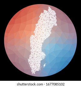 Mapa de la red de vectores de Suecia. Mapa del país con antecedentes de polos bajos. Redondeó la ilustración sueca en tecnología, internet, red, estilo concepto de telecomunicaciones . Increíble ilustración vectorial.