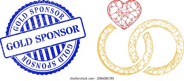 Vector network marriage rings carcass, and Gold Sponsor blue round scratched seal print. Wire carcass network symbol designed with marriage rings pictogram, is generated with intersected lines.