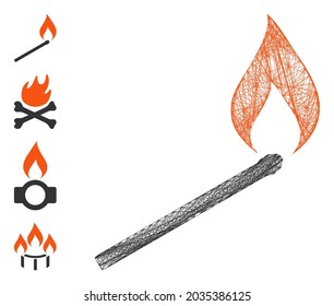 Vector Network Match Ignition. Geometric Wire Carcass 2D Network Generated With Match Ignition Icon, Designed With Crossing Lines. Some Bonus Icons Are Added.