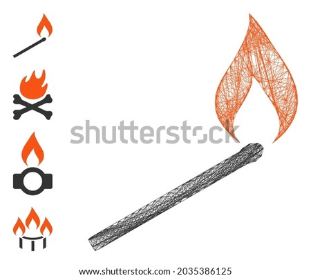 Vector network match ignition. Geometric wire carcass 2D network generated with match ignition icon, designed with crossing lines. Some bonus icons are added.