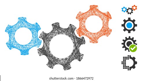 Vector network mechanics. Geometric hatched frame flat network generated with mechanics icon, designed with intersected lines. Some bonus icons are added.