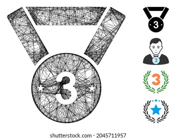 Tercera medalla de red de vectores. Red plana de canales de alambre geométrico hecha de un tercer icono de medalla, diseñado a partir de líneas interseccionadas. Se añaden algunos iconos adicionales.