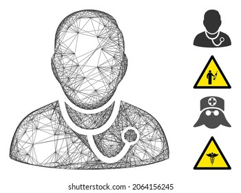 Vector network medic. Geometric wire carcass flat network generated with medic icon, designed with crossing lines. Some bonus icons are added.