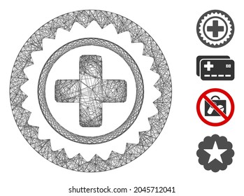 Vektor-Netzwerk medizinische Cross-Stempel. Geometrisches lineares Karkasflachnetz, erzeugt mit einem medizinischen Kreuzmarkensymbol, konstruiert mit Kreuzlinien. Es werden einige Bonussymbole hinzugefügt.