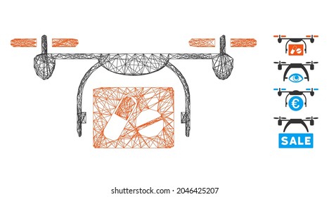 Vektor-Netzwerk medizinische Quadcopter. Geometrisches lineares Flachnetz, erzeugt mit einem medizinischen Quadcopter-Symbol, konstruiert mit Kreuzlinien. Es werden einige ähnliche Symbole hinzugefügt.