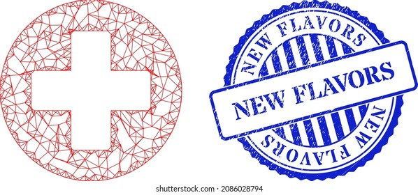 Vector network medicine framework, and New Flavors blue round textured stamp seal. Hatched carcass net symbol created from medicine icon, made from crossed lines.