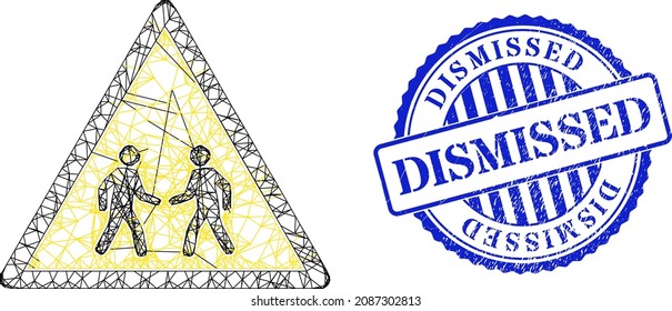 Vector network men meeting danger wireframe, and Dismissed blue rosette scratched stamp seal. Crossed frame network image designed with men meeting danger icon, is generated from crossed lines.
