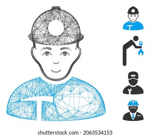 Vector network miner. Geometric hatched frame 2D network generated with miner icon, designed with intersected lines. Some bonus icons are added.
