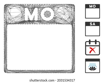 Vektor-Netzwerk Montag Kalenderseite. Geometrisches Flachnetz aus Montag Kalenderseite Symbol, entworfen aus Schnittlinien. Es werden einige Bonussymbole hinzugefügt.