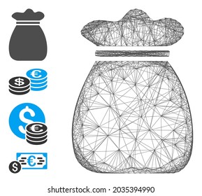 Bolsa de dinero de red de vectores. Red 2D de marco geométrico de alambre de alambre hecho a partir del icono de bolsa de dinero, diseñado a partir de líneas de cruce. Se añaden algunos iconos adicionales.