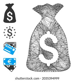 Vector network money bag. Geometric hatched carcass 2D network generated with money bag icon, designed with crossing lines. Some bonus icons are added.