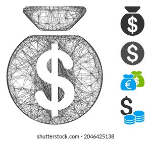 Vector network money bag. Geometric hatched frame 2D network made from money bag icon, designed from intersected lines. Some bonus icons are added.