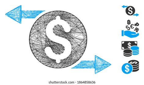 Vector network money exchange. Geometric hatched carcass flat network generated with money exchange icon, designed with intersected lines. Some bonus icons are added.