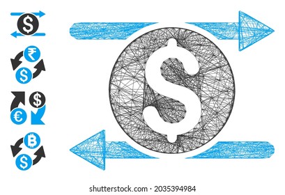 Vector network money exchange. Geometric linear carcass flat network generated with money exchange icon, designed with intersected lines. Some bonus icons are added.