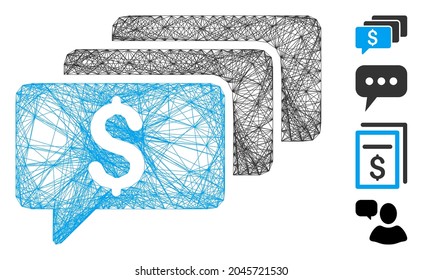 Vektor-Netzwerk-Geldnachrichten. Geometrisches lineares Karkasflachnetz, erzeugt mit Geldnachrichten-Symbol, entworfen mit Kreuzlinien. Es werden einige Bonussymbole hinzugefügt.