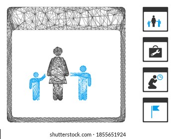 Vector network mother calendar page. Geometric hatched carcass flat network made from mother calendar page icon, designed from crossed lines. Some bonus icons are added.