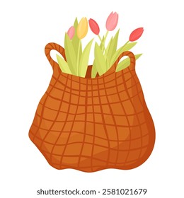 Vector network of multicolored tulips in a wicker basket bage. Basket with beautiful multicolored flowers. Collection of spring and summer colorful tulips.