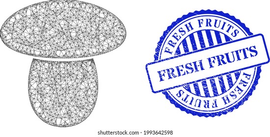 Vector network mushroom model, and Fresh Fruits blue rosette scratched stamp seal. Crossed frame net symbol designed with mushroom icon, created from crossed lines.