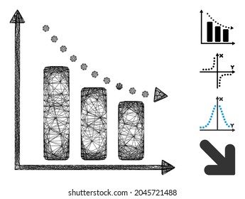 Vector Network Negative Trend. Geometric Hatched Carcass 2D Network Made From Negative Trend Icon, Designed From Crossing Lines. Some Bonus Icons Are Added.