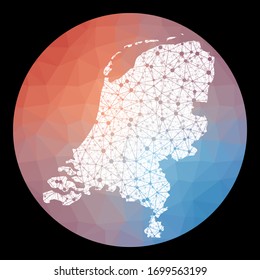 Vector network Netherlands map. Map of the country with low poly background. Rounded Netherlands illustration in technology, internet, network, telecommunication concept style.