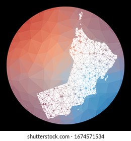 Vector network Oman map. Map of the country with low poly background. Rounded Oman illustration in technology, internet, network, telecommunication concept style . Modern vector illustration.
