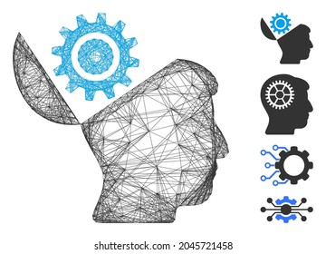 Vector network open head gear. Geometric wire frame flat network made from open head gear icon, designed from crossed lines. Some bonus icons are added.