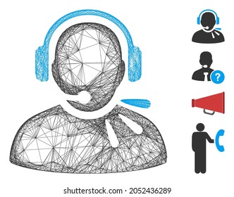 Vector network operator speech. Geometric linear frame 2D network made from operator speech icon, designed with crossed lines. Some bonus icons are added.