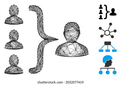 Vector network organization structure. Geometric hatched carcass flat network made from organization structure icon, designed from crossed lines. Some bonus icons are added.