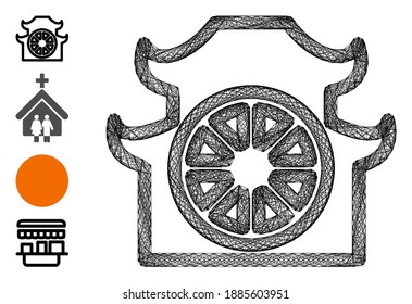 Vector network pagoda. Geometric linear frame 2D network generated with pagoda icon, designed with crossing lines. Some bonus icons are added.