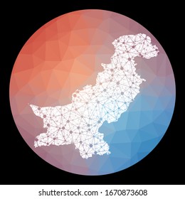 Mapa de la red de vectores en Pakistán. Mapa del país con antecedentes de polos bajos. Redondeó la ilustración paquistaní en el estilo de tecnología, internet, red, concepto de telecomunicaciones . Ilustración vectorial limpia.